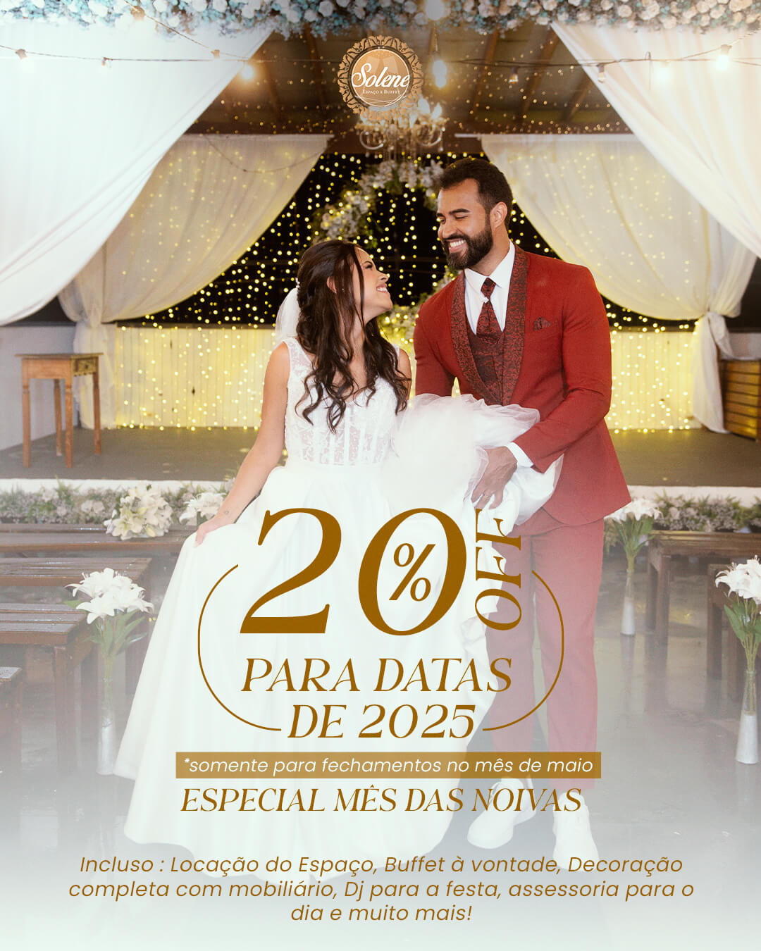 Sua festa completa com até 20% OFF em datas de 2025. Somente durante o mês de maio!